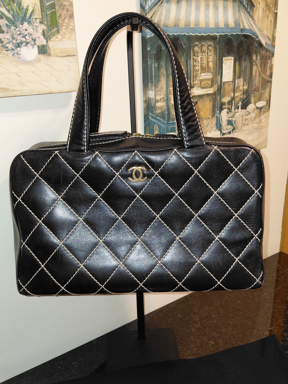 Vintage CHANEL Surpique Bowler Bag Black Quilted Calfskin Leather Wild Stitch